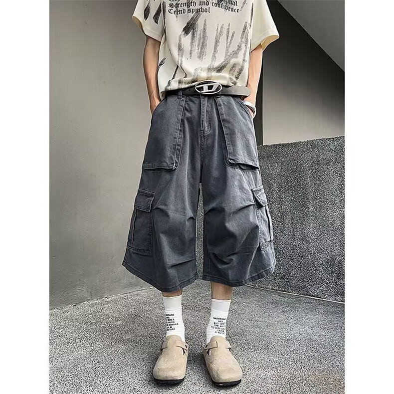 休闲七分裤短裤男款2026夏季美式高街多口袋阔腿裤子K6483-P56,男装牛仔裤,星座412-3