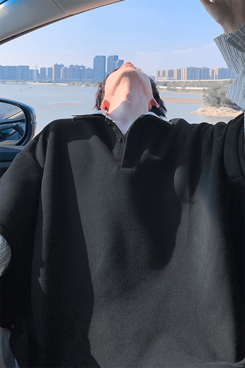 特批P58无差价秋季华棉420g重磅拼接假两件Polo领宽松卫衣男W5418,男装卫衣,电商A001-1