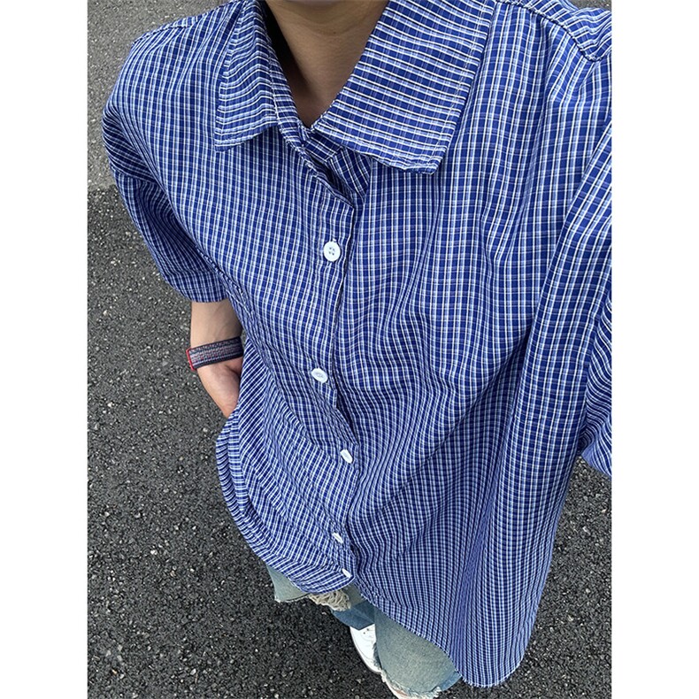 格子衬衫春夏美式短袖衬衫港风情侣装休闲衬衣 CS286-P30图片
