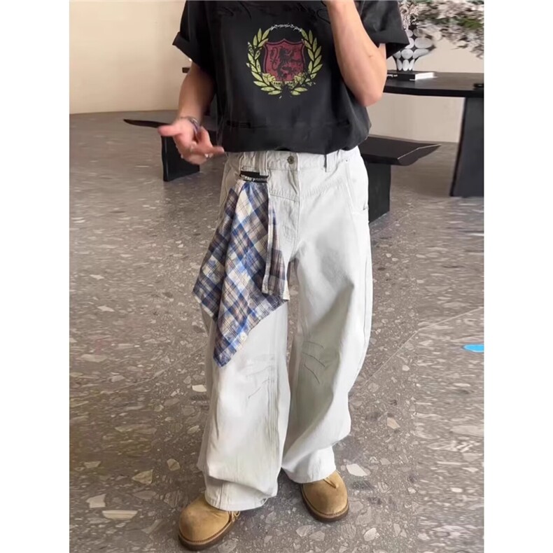 白色方巾可拆弯刀牛仔裤男美式复古拉链设计感镰刀裤宽松阔腿裤子,男装牛仔裤,星座1210-1