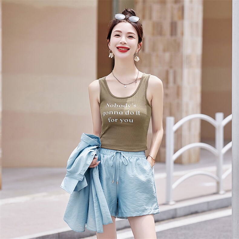 时尚休闲防晒三件套女2024夏新款短袖衬衫打底背心短裤穿搭一整套,女装套装/套裙,采品优优