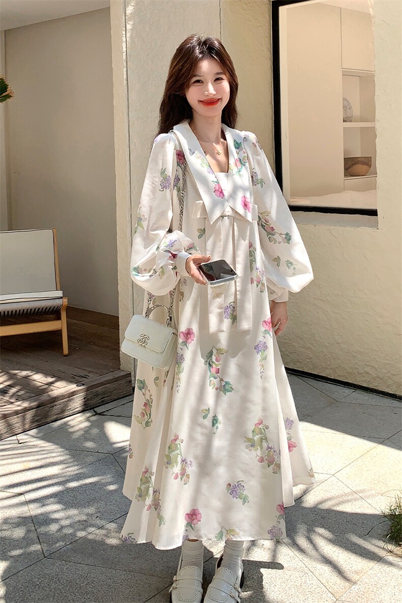 森系文艺风娃娃领白色碎花连衣裙女春秋超火好看氛围独特漂亮长裙,女装连衣裙,2C007