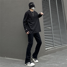 纯黑色高弹修身直筒大码微喇毛边牛仔裤男K860-K866-P50，男装牛仔裤，星座205