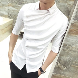 2021春夏男韩版修身衬衫发型师七分袖个性褶皱中袖工作服D24-P50图片