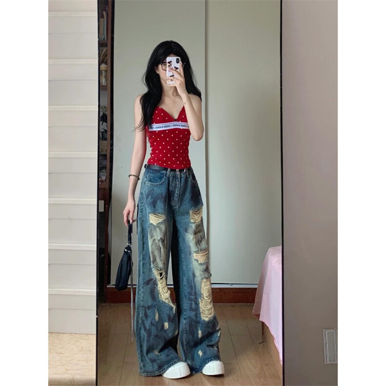 美式直筒破洞拖地牛仔裤男款夏季慵懒风微喇裤子宽松阔腿做旧长裤,男装牛仔裤,星座1116A（原606A-3）
