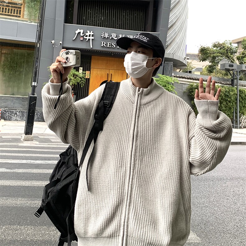 开衫毛衣男秋冬季日系慵懒风针织衫落肩拉链立领线衣外套~M1055图片