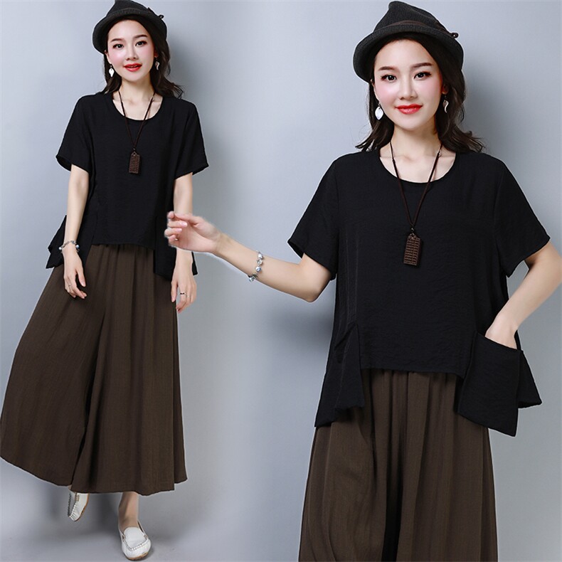 圆领口袋2021年夏季短袖中长款宽松舒适显瘦T恤套头，女装T恤，雪樱依海