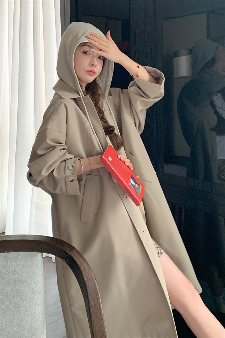 卡其色复古英伦风文艺范连帽风衣女2025春季新款宽松中长款外套,女装风衣,2C372
