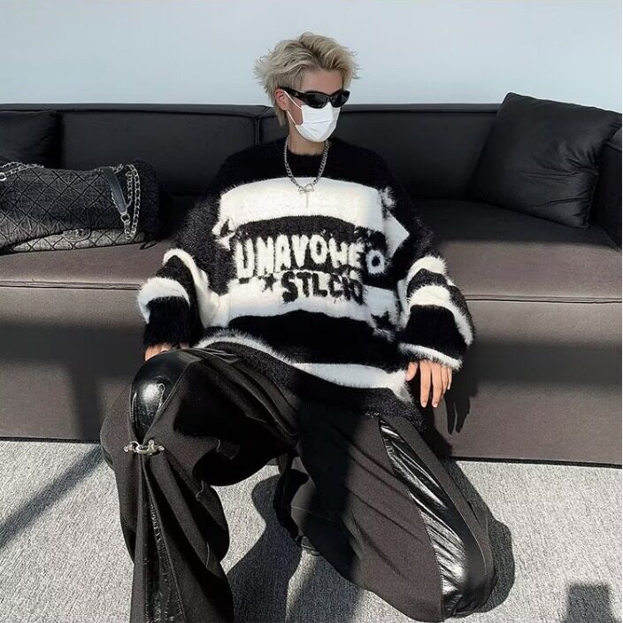 7157-P48貂绒毛衣男高级感秋冬宽松慵懒风加厚黑白撞色条纹,男装针织衫/毛衣,电商B323A