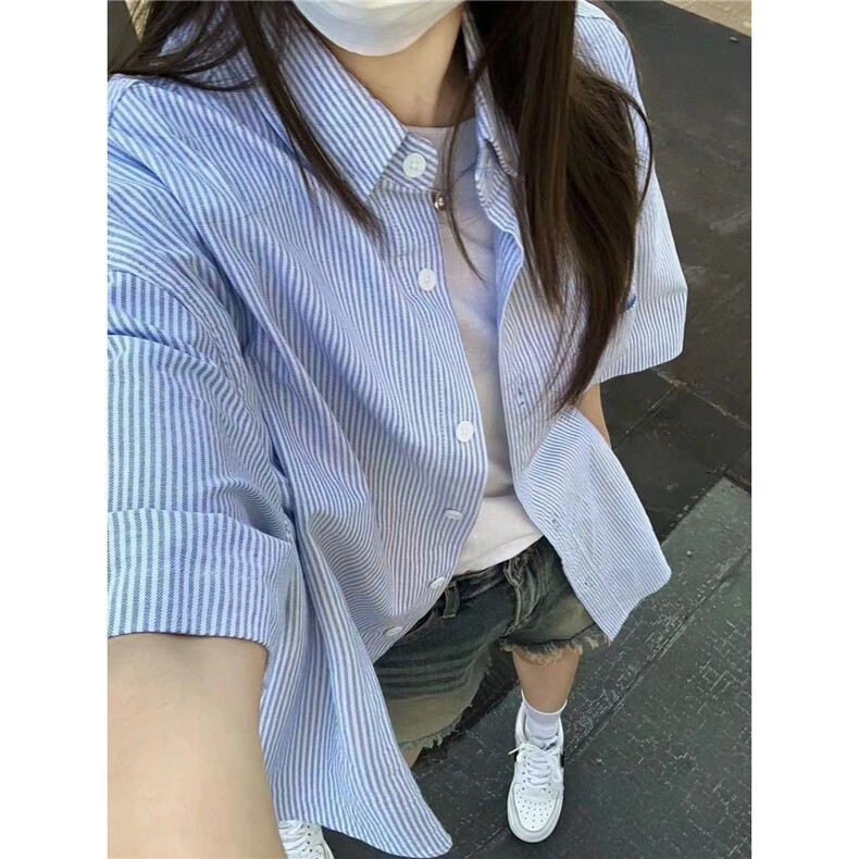 日系cityboy蓝白条纹衬衫短袖男女夏季新款宽松休闲男生衬衣外套，男装T恤，星座506A