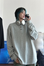 港风日系复古早秋男女套头V领长袖T恤设计感XZ213-V005-P35控48，男装T恤，星座213