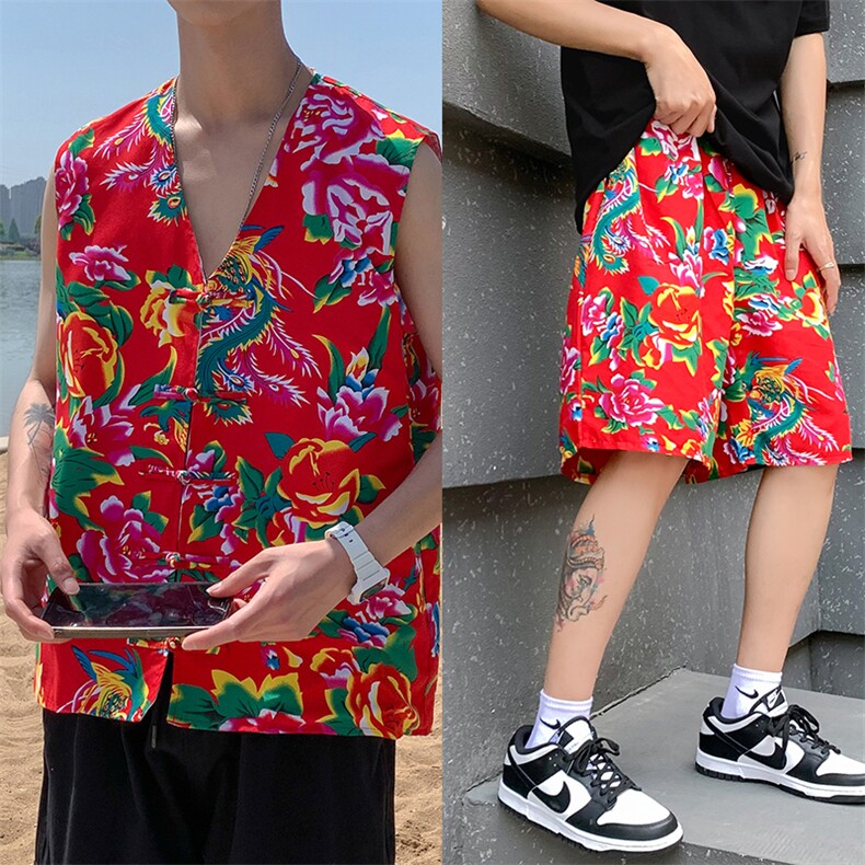 TZ02东北大花民族风风马甲短裤套装大码抖音网红同款汉服男女,男装休闲套装,星座115A(原星座507）