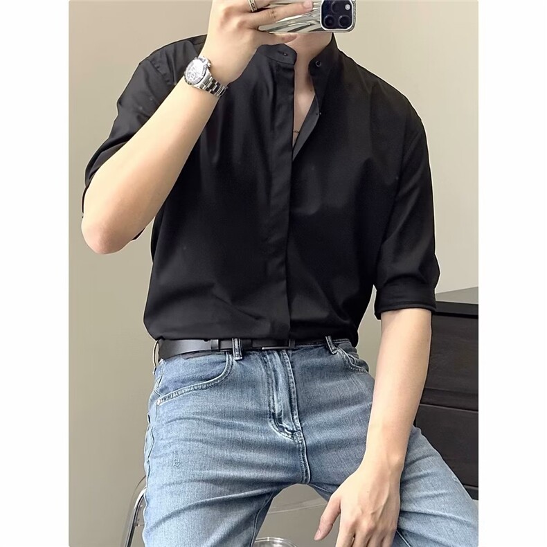 春夏新款立领纯色宽松半袖上衣夏季百搭衬衫-CS106-网络图,男装T恤,星座1002-2
