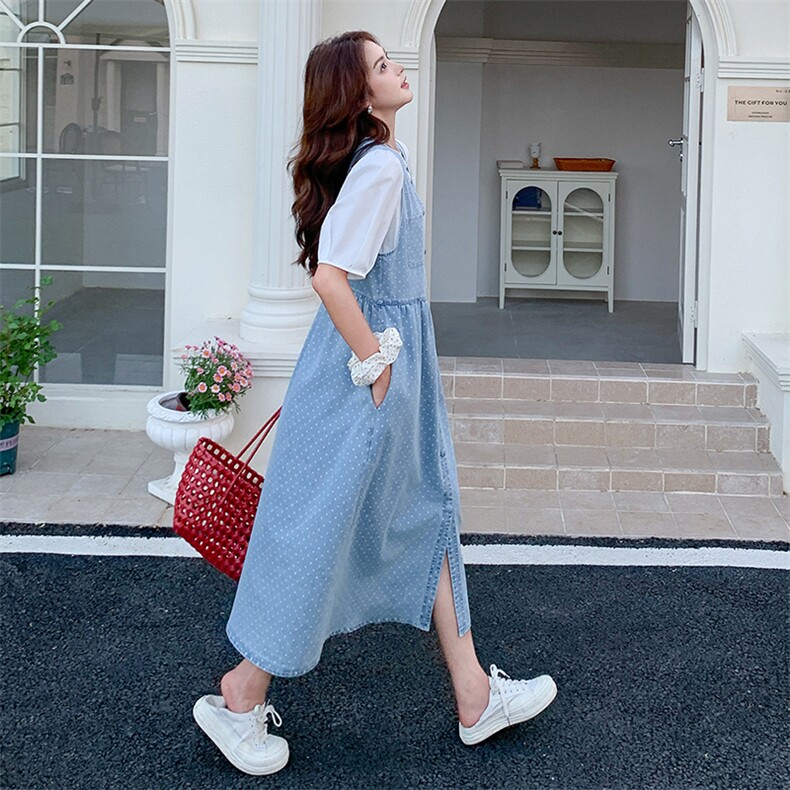 波点牛仔背带连衣裙两件套女2025年夏季新款韩系青春减龄休闲套装,女装套装/套裙,2C306