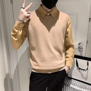 秋冬季假两件衬衫领毛衣男士英伦修身条纹针织打底衬衫潮Q111-P53图片