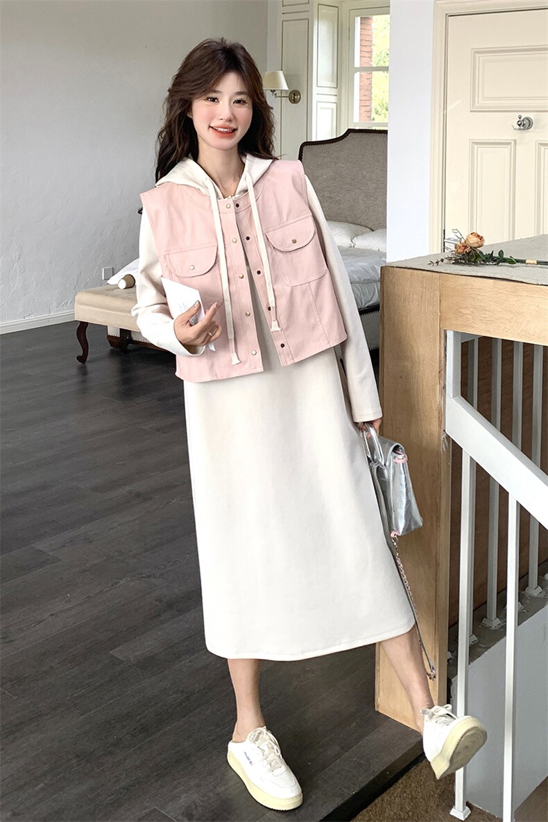 法式高级感穿搭连帽卫衣裙两件套女2025春季新款皮马甲连衣裙套装,女装套装/套裙,浙宝203