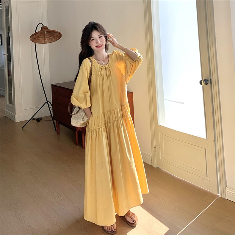法式黄色灯笼袖连衣裙女春夏2025新款高级感绝美宽松清纯系松弛感,女装连衣裙,2D041