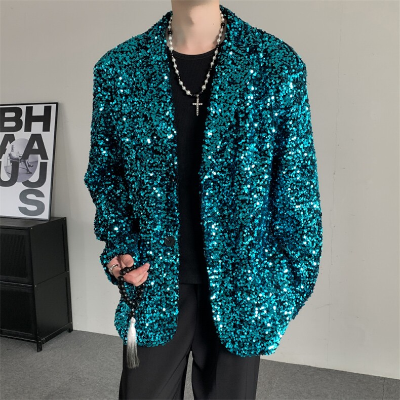 秋装2024蓝色亮片年会演出新中式西服晚会大码男女垫肩西装外套,男装西服,星座909