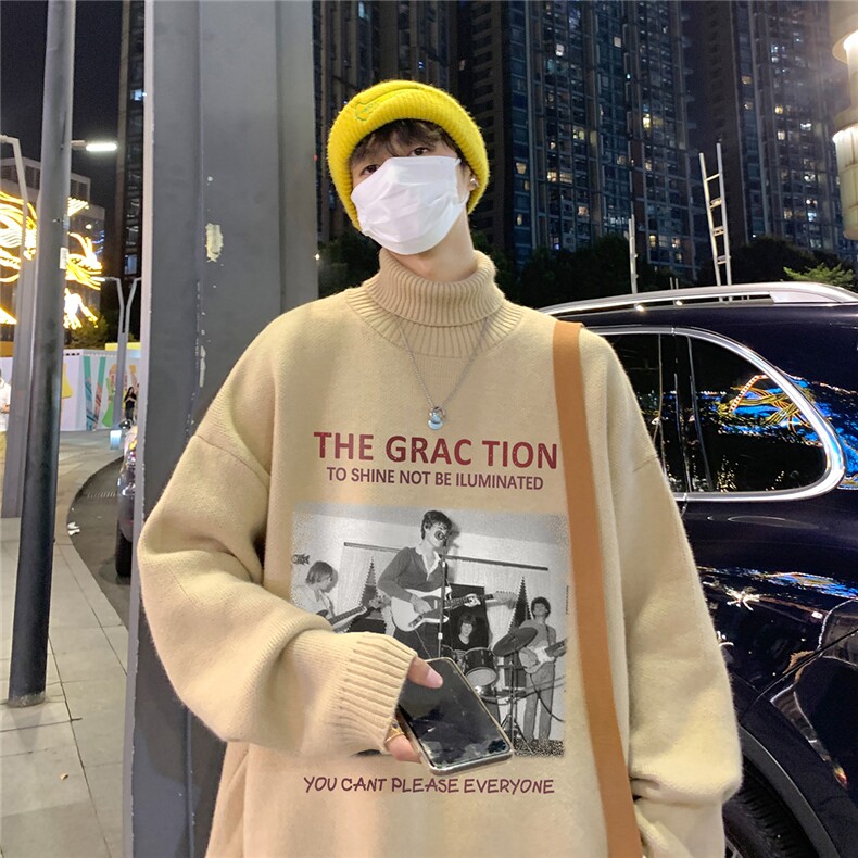 特批港风夜景个性人物印花宽松高领毛衣M971P45加绒P60控88,男装针织衫/毛衣,电商A247