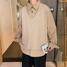 703-C215秋季港风针织拼接假两件衬衫休闲简约长袖，男装衬衫，星座703