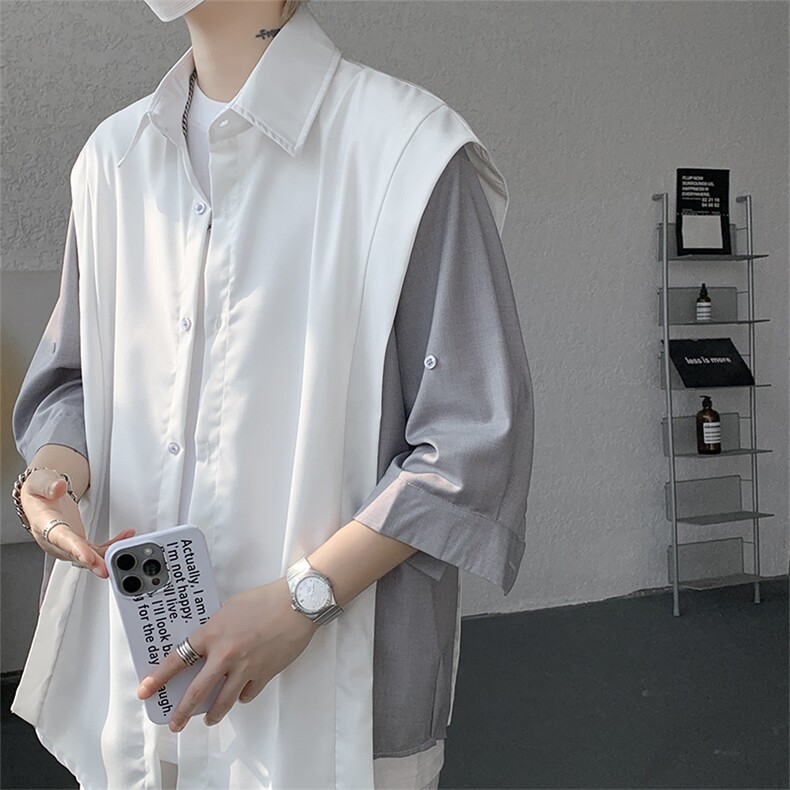 抗皱冰丝假两件拼接衬衫修身短裤套装商务百搭时尚套装显瘦特P68，男装休闲套装，电商B319