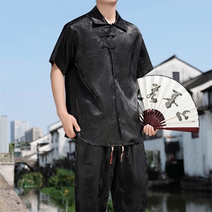 夏季冰丝风男士套装龙纹提花衬衫两件套A266-1-TZ250185-P70图片