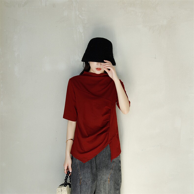 2021春秋季简约时尚百搭中袖T恤拼接褶皱设计感潮流简约，女装T恤，小林双子