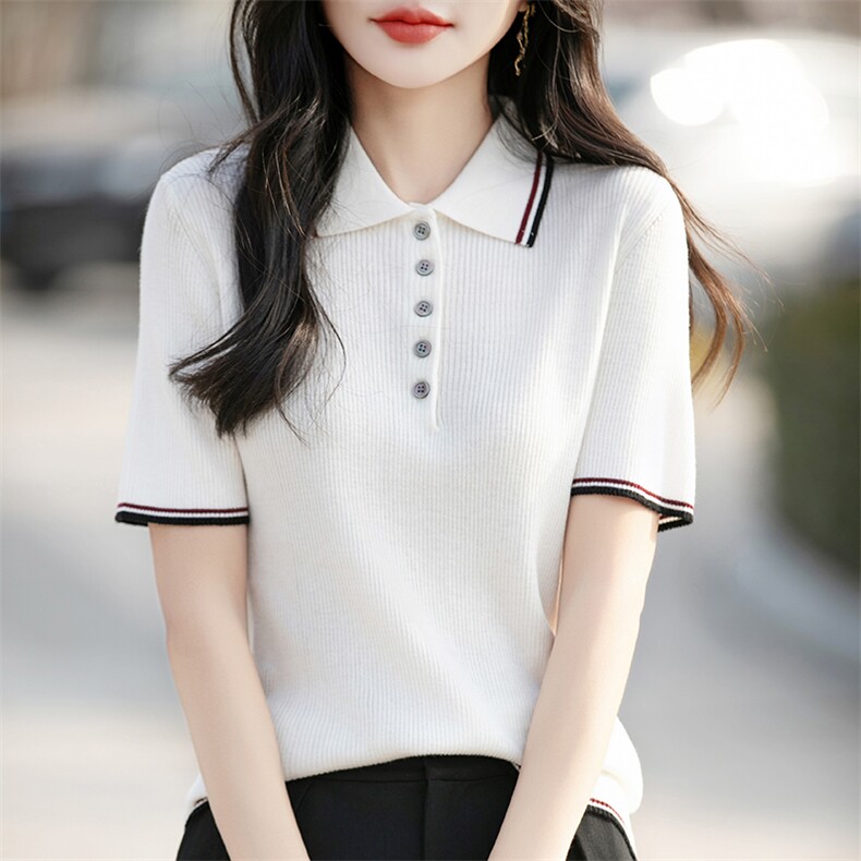 春夏Polo撞色polo翻领设计修身上衣显瘦短袖针织衫T恤,女装T恤,恩尚羊绒