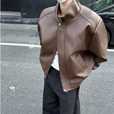 小众垫肩夹克外套男设计感廓形翻领pu皮衣拉链外套复古W6282-P72，男装夹克，星座412-2