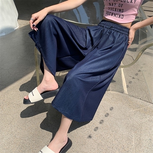 天丝牛仔裤女夏季薄款松紧腰宽松七分裤裙小个子垂感阔腿裤图片