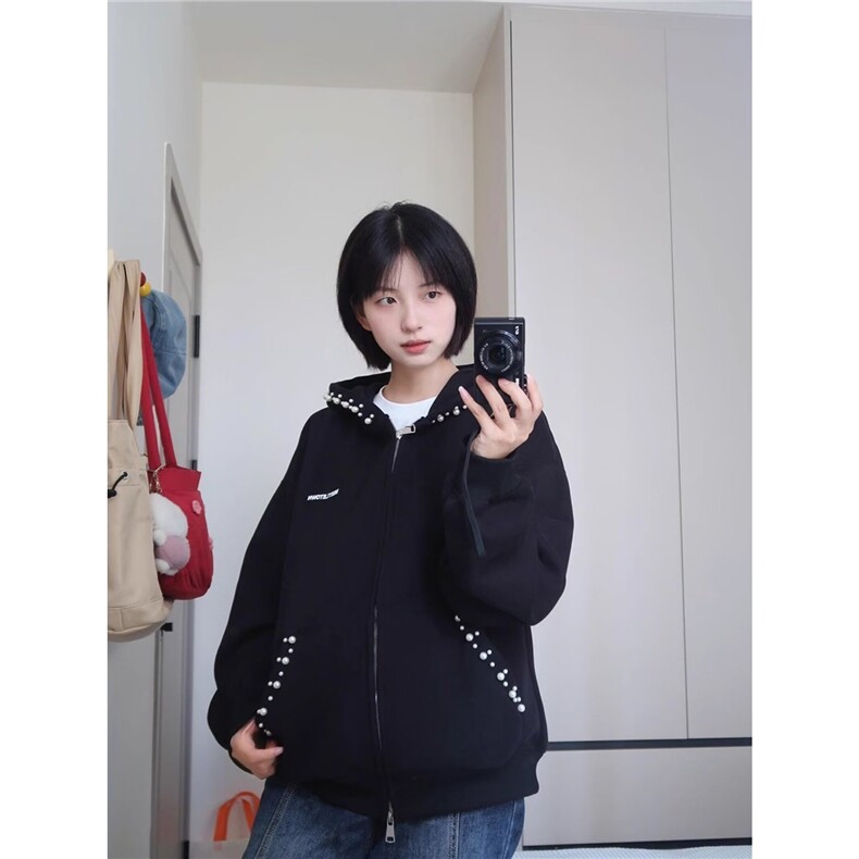 美式复古珍珠设计感连帽短款卫衣男女秋运动服休闲上衣潮网图,男装卫衣,星座410-6（原星座1304-1）