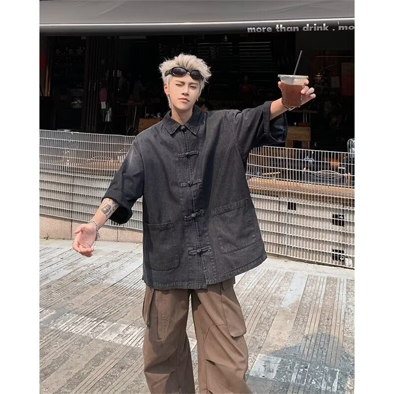 夏季新中式翻领牛仔衬衫男女宽松休闲复古衬衣工装外套潮,男装衬衫,星座410-7