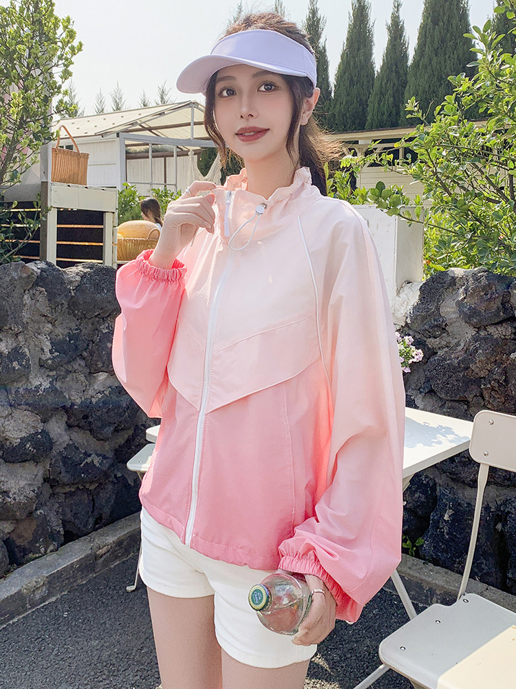 韩版立领抽绳渐变色宽松显瘦气质减龄防晒衣长袖短款户外百搭夏季,女装防晒衣,蝶眷