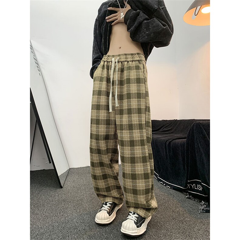 日系古着vintage休闲裤秋冬慵懒风宽松加绒格子阔腿裤K7541-P45,男装休闲裤,星座512-3