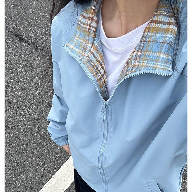 格子拼接立领夹克男秋季美式fitcheck潮牌外套设计感情侣复古上衣,男装夹克,星座506A