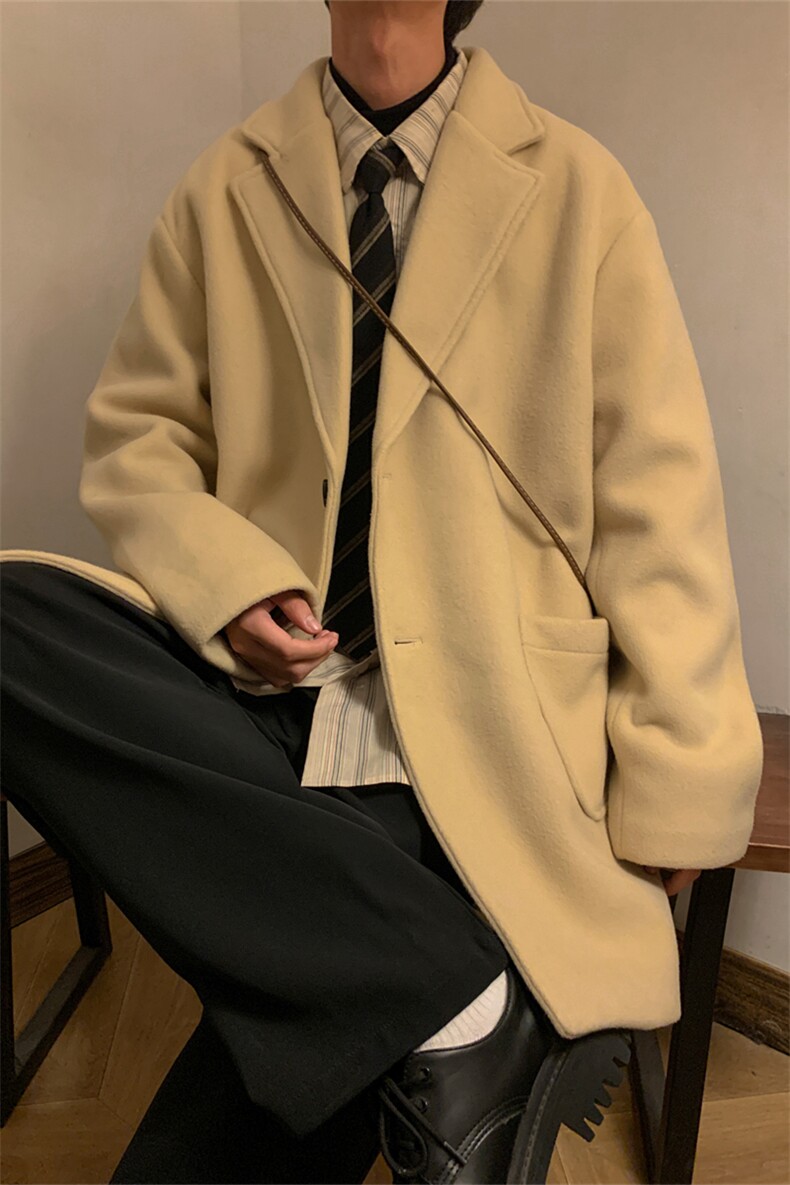 N2075/P90冬季港风呢大衣男中长款男女呢料潮呢子外套风衣,男装风衣,电商A141
