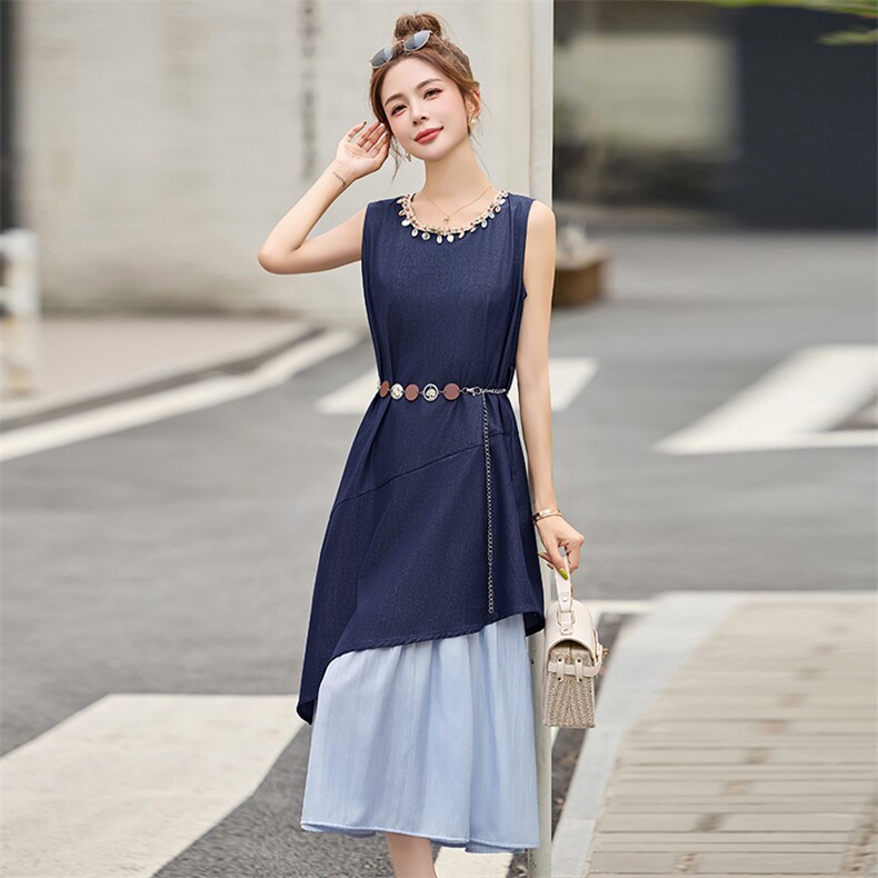初夏小香风牛仔拼接连衣裙女2025新款法式气质显瘦复古休闲裙子潮，女装连衣裙，心心服饰