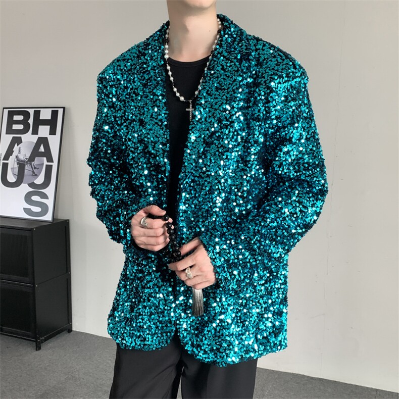 秋装2024蓝色亮片年会演出新中式西服晚会大码男女垫肩西装外套图片