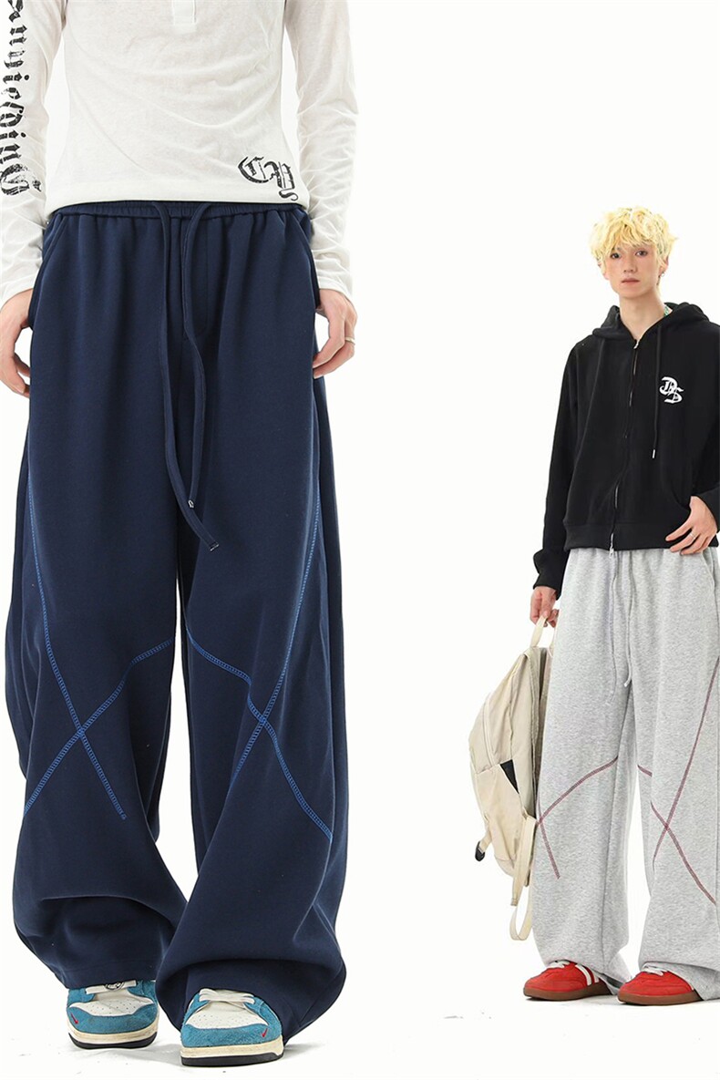 8XL-M直筒卫裤男宽松撞色哈苏线休闲运动裤设计感长裤子K9175P48,男装休闲裤,电商D206-1