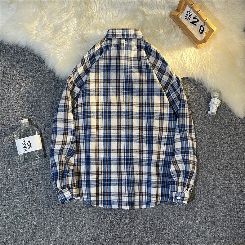 B413-1-DX953秋款复古格子衬衫男潮流休闲宽松百搭学生长袖衬衣服,男装衬衫,电商B413-1