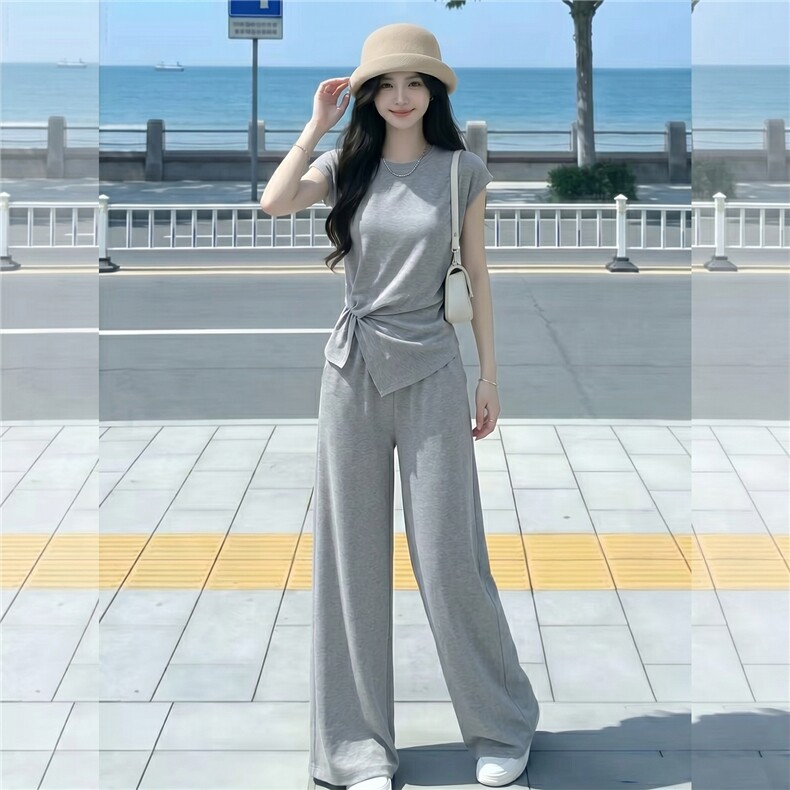 设计感时尚气质套装女夏季款圆领褶皱开叉短袖上衣阔腿长裤两件套,女装套装/套裙,江南