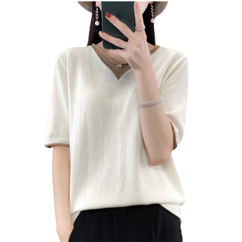 夏季新款100%纯棉拼色短袖t恤女假两件V领宽松棉麻针织衫半袖上衣,针织衫/毛衣,斯美雅电商供货