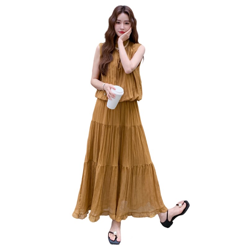 黄色无袖上衣半身裙套装女夏2025新款法式减龄气质长裙两件套爆款,女装套装/套裙,秋水欣儿