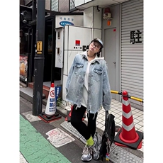 美式复古毛边牛仔夹克男女宽松时尚百潮牌搭破洞牛仔外套JA38-P75，男装工装外套，星座208-5