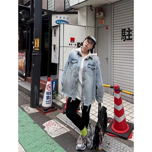 美式复古毛边牛仔夹克男女宽松时尚百潮牌搭破洞牛仔外套JA38-P75,直筒紧身裤怎么搭配图片