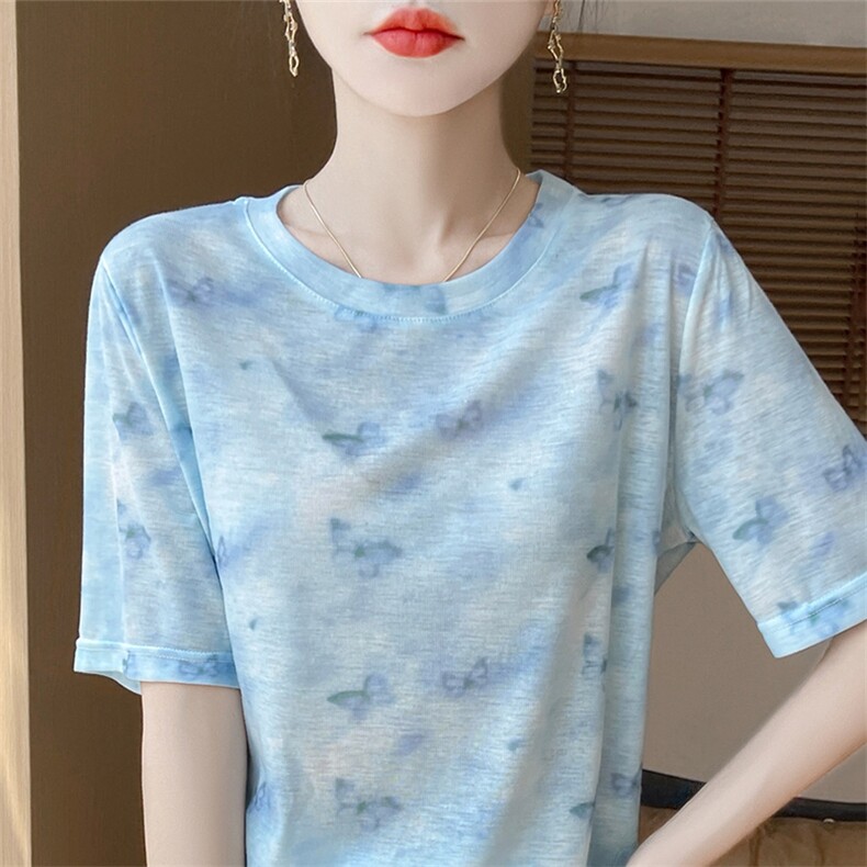 圆领新款针织女短袖花色百搭宽松套头上衣,针织衫/毛衣,绒宛羊绒