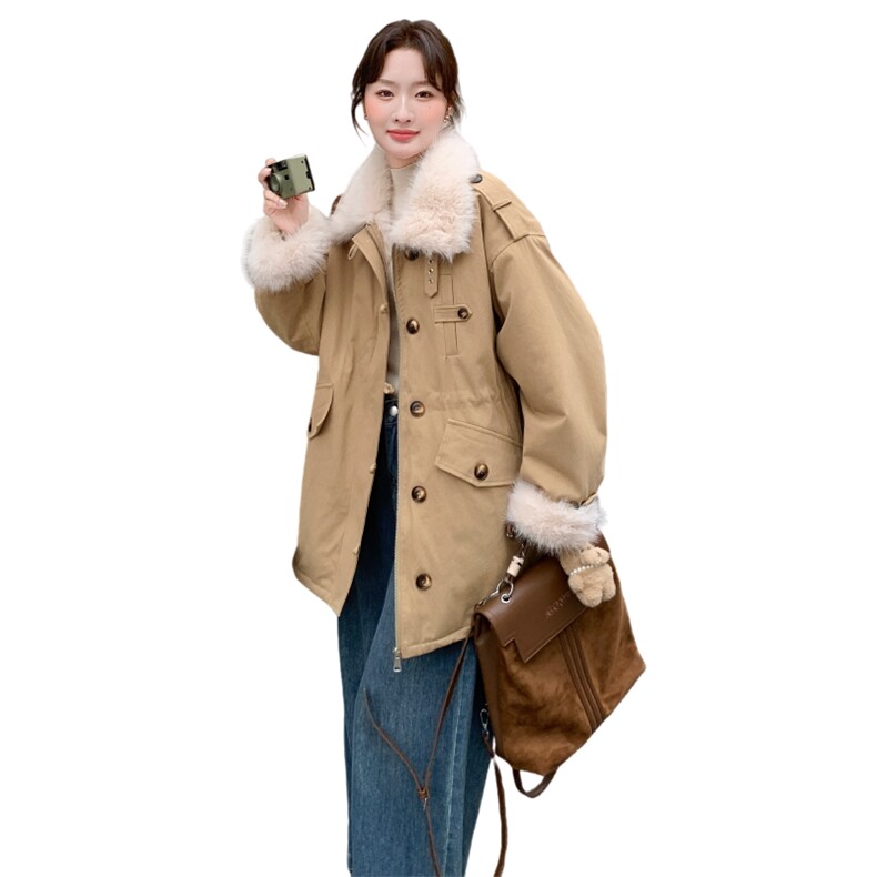 复古毛绒领派克服女冬季设计感美式加厚毛毛气质保暖工装棉服外套,女装派克服,2C166