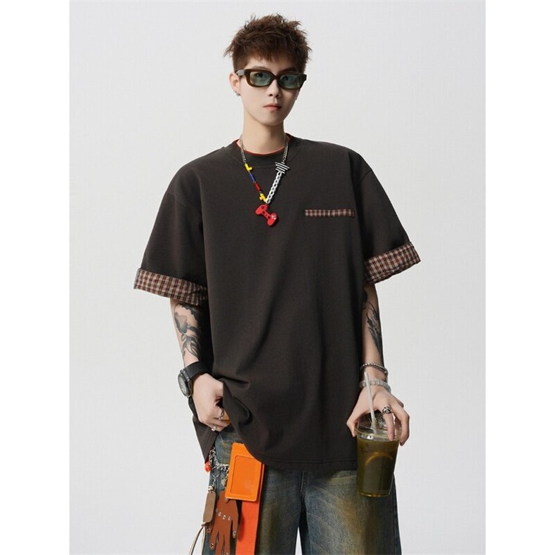 夏季潮牌短袖T恤男宽松韩版撞色假两件半袖T恤812-TX11-P45,男装T恤,星座812