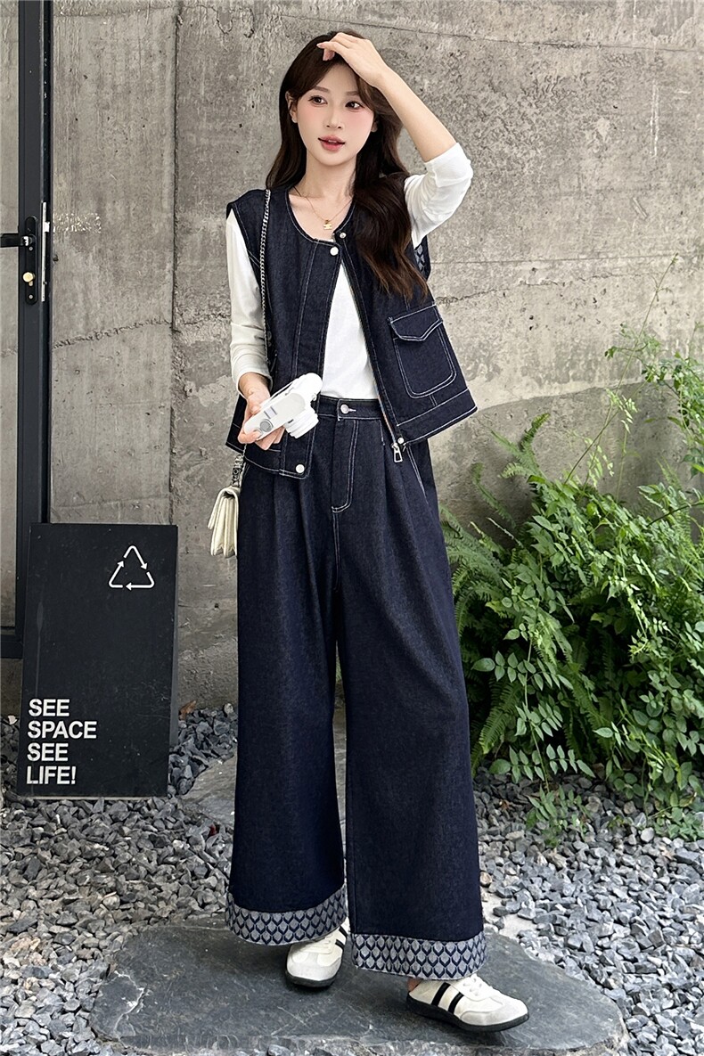 复古牛仔套装女2025秋季新款短袖马甲上衣阔腿长裤套装,女装套装/套裙,瑶迪依秀