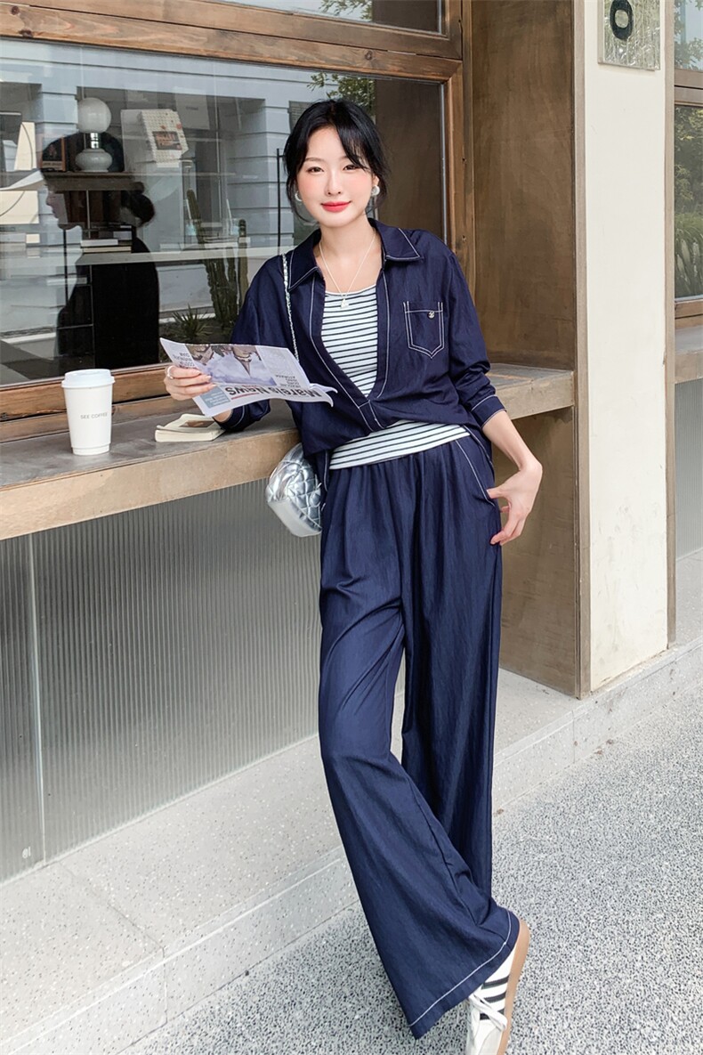 时髦松弛感牛仔蓝套装女2025秋季休闲风衬衫阔腿裤条纹背心三件套,女装套装/套裙,2C057